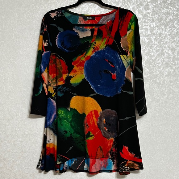 Lior Paris Tops - LIOR Paris Artistic Abstract Floral Print Black 3/4 Sleeve‎ Tunic Top Bell Hem M